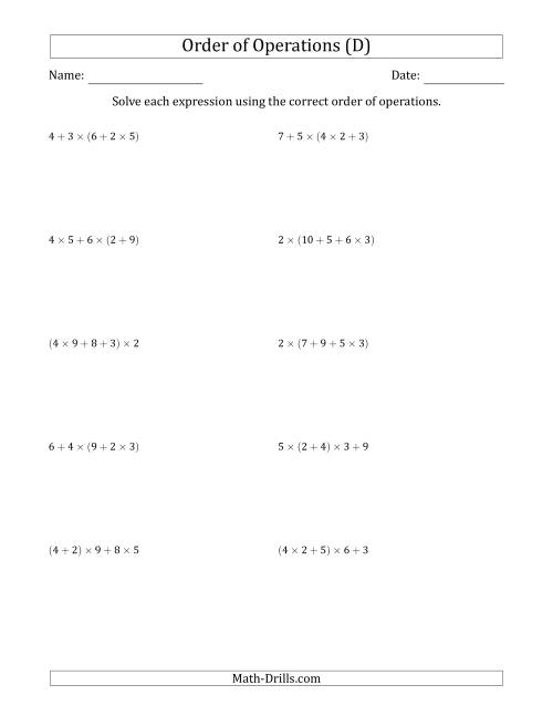 The Order of Operations with Whole Numbers Multiplication and Addition Only (Four Steps) (D) Math Worksheet