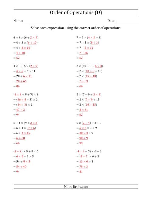 The Order of Operations with Whole Numbers Multiplication and Addition Only (Four Steps) (D) Math Worksheet Page 2