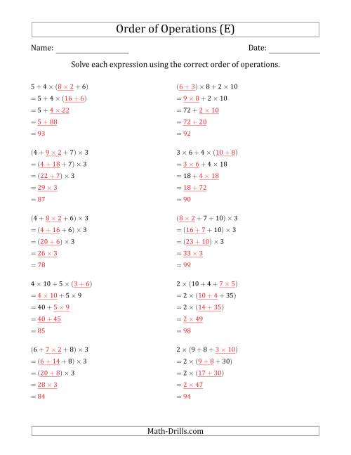 The Order of Operations with Whole Numbers Multiplication and Addition Only (Four Steps) (E) Math Worksheet Page 2