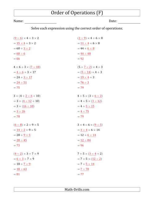 The Order of Operations with Whole Numbers Multiplication and Addition Only (Four Steps) (F) Math Worksheet Page 2