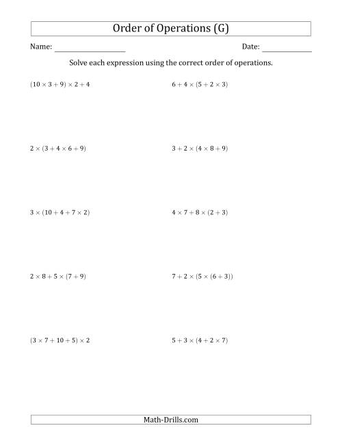 The Order of Operations with Whole Numbers Multiplication and Addition Only (Four Steps) (G) Math Worksheet