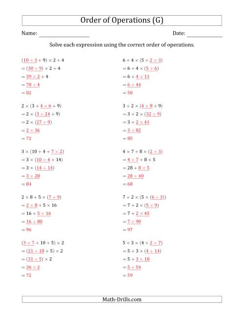 The Order of Operations with Whole Numbers Multiplication and Addition Only (Four Steps) (G) Math Worksheet Page 2