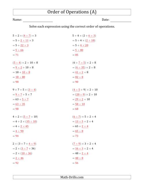 The Order of Operations with Whole Numbers Multiplication and Addition Only (Four Steps) (All) Math Worksheet Page 2