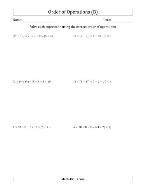 The Order of Operations with Whole Numbers Multiplication and Addition Only (Six Steps) (B) Math Worksheet