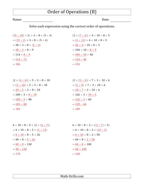 The Order of Operations with Whole Numbers Multiplication and Addition Only (Six Steps) (B) Math Worksheet Page 2