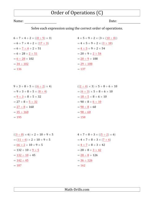 The Order of Operations with Whole Numbers Multiplication and Addition Only (Six Steps) (C) Math Worksheet Page 2