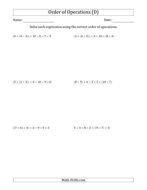 The Order of Operations with Whole Numbers Multiplication and Addition Only (Six Steps) (D) Math Worksheet