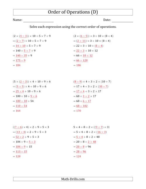 The Order of Operations with Whole Numbers Multiplication and Addition Only (Six Steps) (D) Math Worksheet Page 2