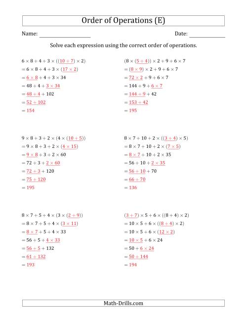 The Order of Operations with Whole Numbers Multiplication and Addition Only (Six Steps) (E) Math Worksheet Page 2