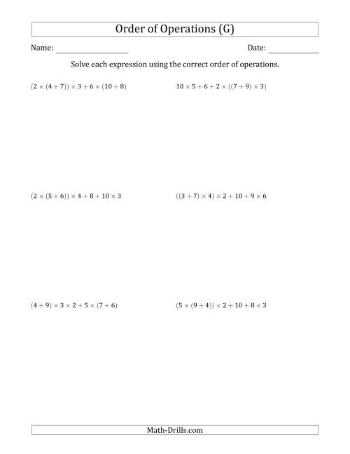 The Order of Operations with Whole Numbers Multiplication and Addition Only (Six Steps) (G) Math Worksheet