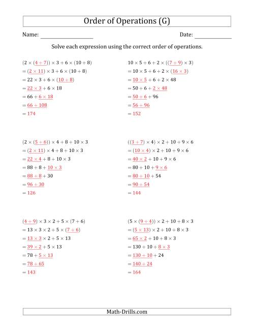 The Order of Operations with Whole Numbers Multiplication and Addition Only (Six Steps) (G) Math Worksheet Page 2