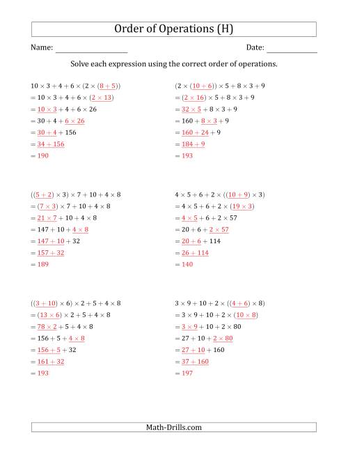 The Order of Operations with Whole Numbers Multiplication and Addition Only (Six Steps) (H) Math Worksheet Page 2