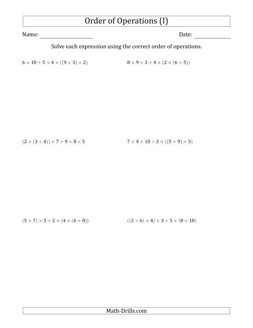 The Order of Operations with Whole Numbers Multiplication and Addition Only (Six Steps) (I) Math Worksheet
