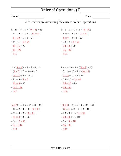 The Order of Operations with Whole Numbers Multiplication and Addition Only (Six Steps) (I) Math Worksheet Page 2