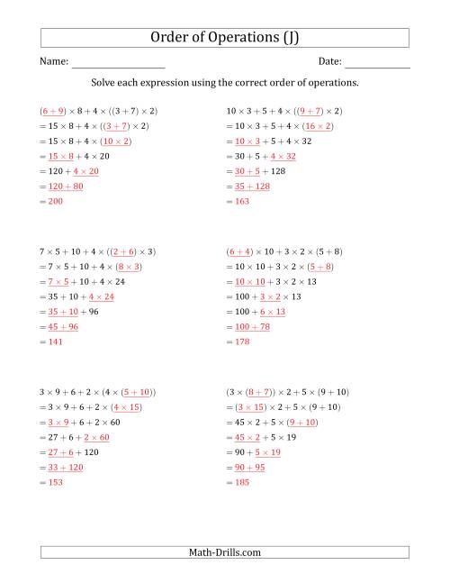The Order of Operations with Whole Numbers Multiplication and Addition Only (Six Steps) (J) Math Worksheet Page 2