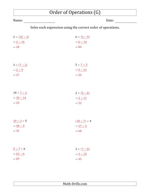 The Order of Operations with Whole Numbers Multiplication and Addition Only (Two Steps) (G) Math Worksheet Page 2