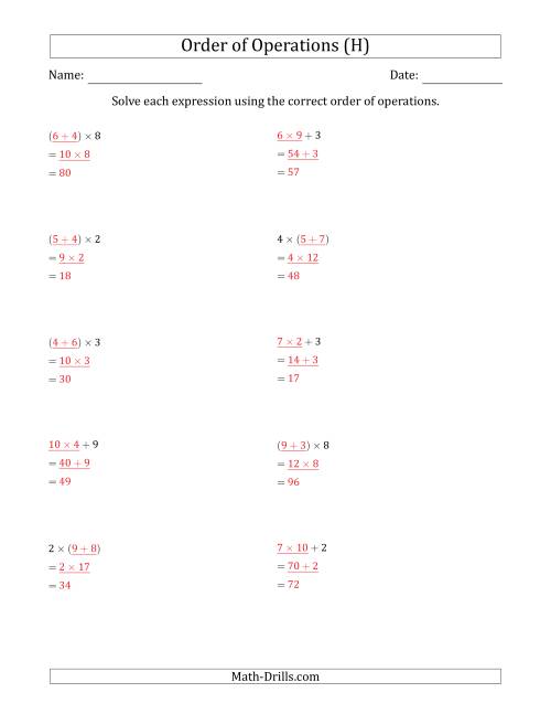 The Order of Operations with Whole Numbers Multiplication and Addition Only (Two Steps) (H) Math Worksheet Page 2