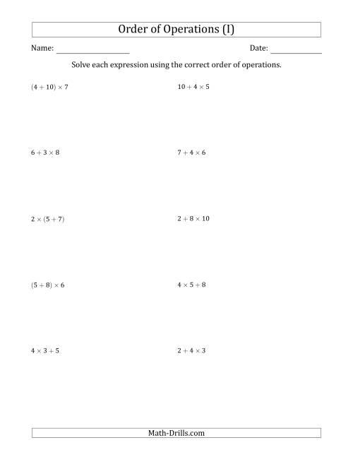 The Order of Operations with Whole Numbers Multiplication and Addition Only (Two Steps) (I) Math Worksheet