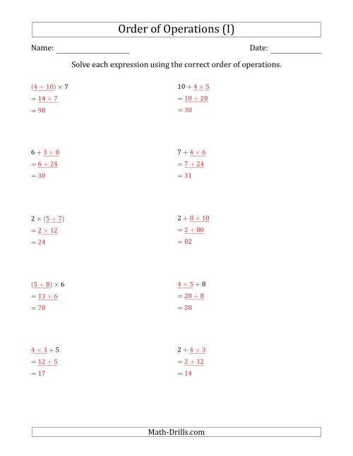 The Order of Operations with Whole Numbers Multiplication and Addition Only (Two Steps) (I) Math Worksheet Page 2