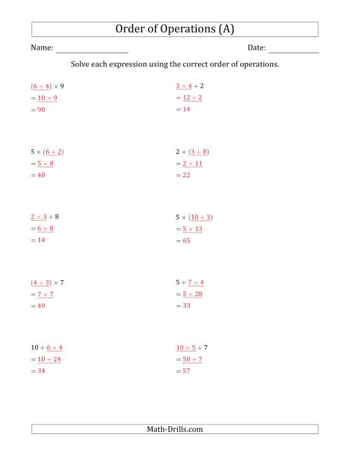 The Order of Operations with Whole Numbers Multiplication and Addition Only (Two Steps) (All) Math Worksheet Page 2