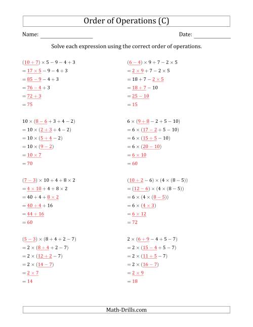 The Order of Operations with Whole Numbers Multiplication, Addition and Subtraction Only (Five Steps) (C) Math Worksheet Page 2