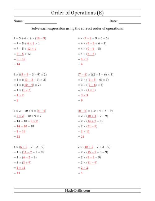 The Order of Operations with Whole Numbers Multiplication, Addition and Subtraction Only (Five Steps) (E) Math Worksheet Page 2