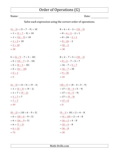 The Order of Operations with Whole Numbers Multiplication, Addition and Subtraction Only (Five Steps) (G) Math Worksheet Page 2