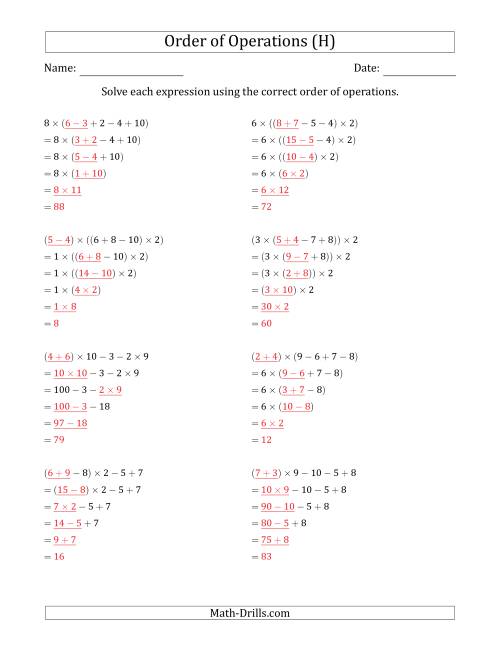 The Order of Operations with Whole Numbers Multiplication, Addition and Subtraction Only (Five Steps) (H) Math Worksheet Page 2
