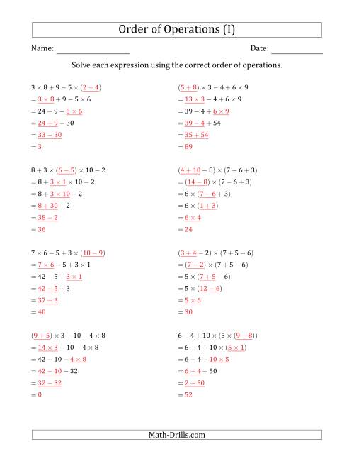 The Order of Operations with Whole Numbers Multiplication, Addition and Subtraction Only (Five Steps) (I) Math Worksheet Page 2
