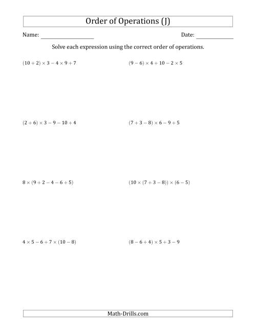 The Order of Operations with Whole Numbers Multiplication, Addition and Subtraction Only (Five Steps) (J) Math Worksheet