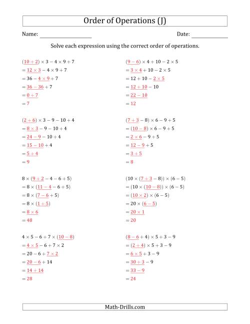 The Order of Operations with Whole Numbers Multiplication, Addition and Subtraction Only (Five Steps) (J) Math Worksheet Page 2