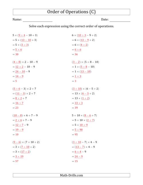 The Order of Operations with Whole Numbers Multiplication, Addition and Subtraction Only (Four Steps) (C) Math Worksheet Page 2