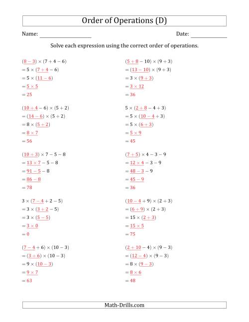 The Order of Operations with Whole Numbers Multiplication, Addition and Subtraction Only (Four Steps) (D) Math Worksheet Page 2