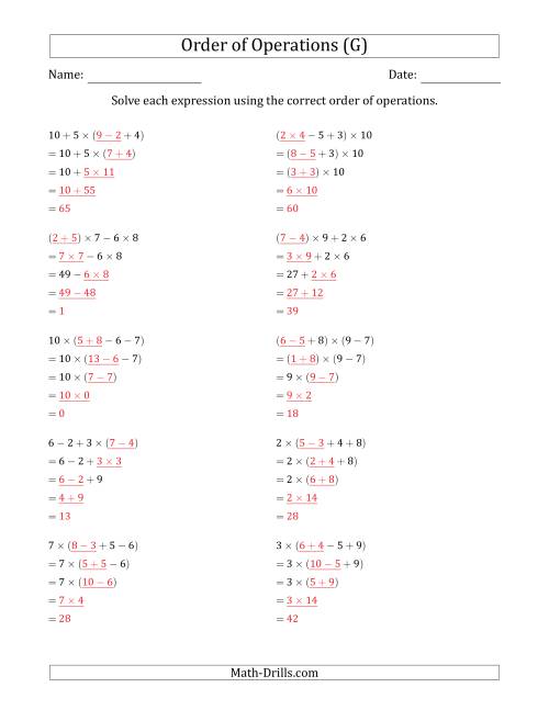 The Order of Operations with Whole Numbers Multiplication, Addition and Subtraction Only (Four Steps) (G) Math Worksheet Page 2