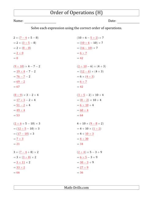 The Order of Operations with Whole Numbers Multiplication, Addition and Subtraction Only (Four Steps) (H) Math Worksheet Page 2