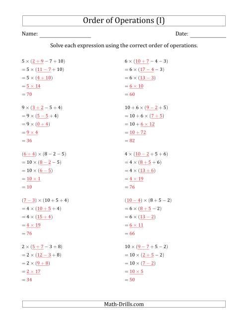 The Order of Operations with Whole Numbers Multiplication, Addition and Subtraction Only (Four Steps) (I) Math Worksheet Page 2