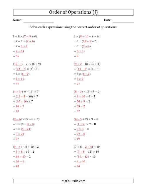 The Order of Operations with Whole Numbers Multiplication, Addition and Subtraction Only (Four Steps) (J) Math Worksheet Page 2
