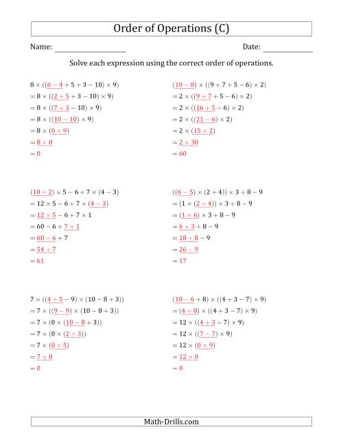 The Order of Operations with Whole Numbers Multiplication, Addition and Subtraction Only (Six Steps) (C) Math Worksheet Page 2