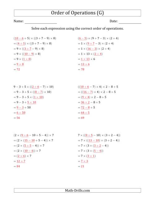 The Order of Operations with Whole Numbers Multiplication, Addition and Subtraction Only (Six Steps) (G) Math Worksheet Page 2
