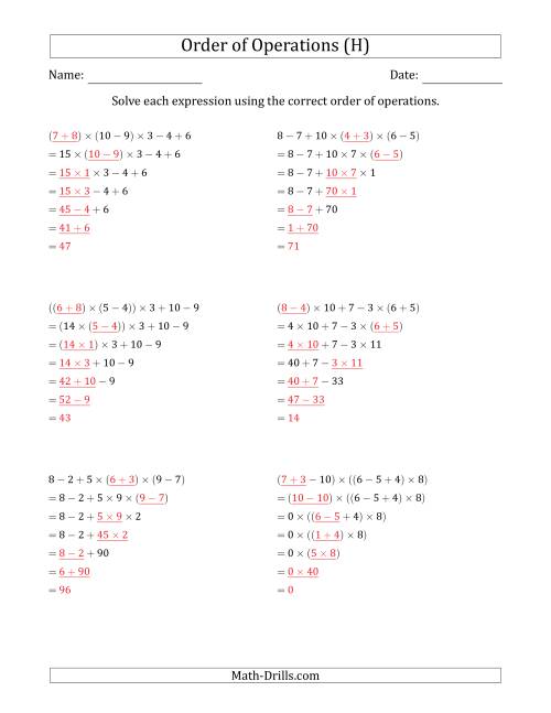 The Order of Operations with Whole Numbers Multiplication, Addition and Subtraction Only (Six Steps) (H) Math Worksheet Page 2