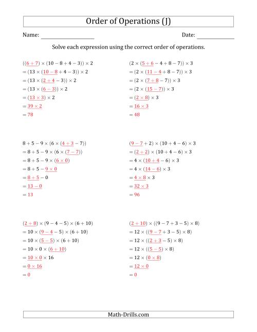 The Order of Operations with Whole Numbers Multiplication, Addition and Subtraction Only (Six Steps) (J) Math Worksheet Page 2