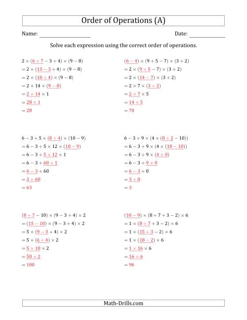 The Order of Operations with Whole Numbers Multiplication, Addition and Subtraction Only (Six Steps) (All) Math Worksheet Page 2