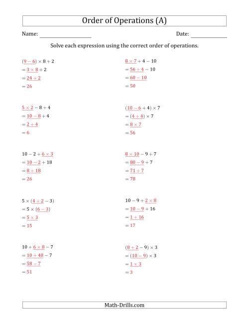 The Order of Operations with Whole Numbers Multiplication, Addition and Subtraction Only (Three Steps) (A) Math Worksheet Page 2