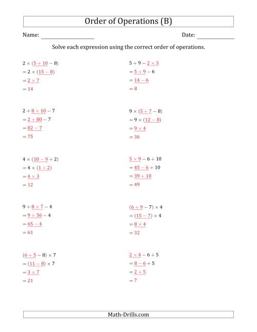The Order of Operations with Whole Numbers Multiplication, Addition and Subtraction Only (Three Steps) (B) Math Worksheet Page 2