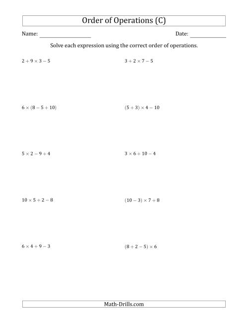 The Order of Operations with Whole Numbers Multiplication, Addition and Subtraction Only (Three Steps) (C) Math Worksheet
