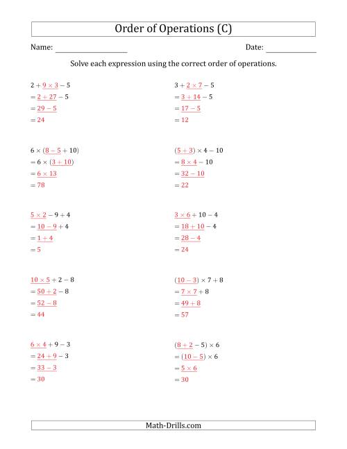 The Order of Operations with Whole Numbers Multiplication, Addition and Subtraction Only (Three Steps) (C) Math Worksheet Page 2