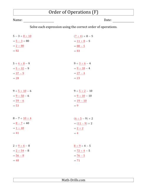 The Order of Operations with Whole Numbers Multiplication, Addition and Subtraction Only (Three Steps) (F) Math Worksheet Page 2