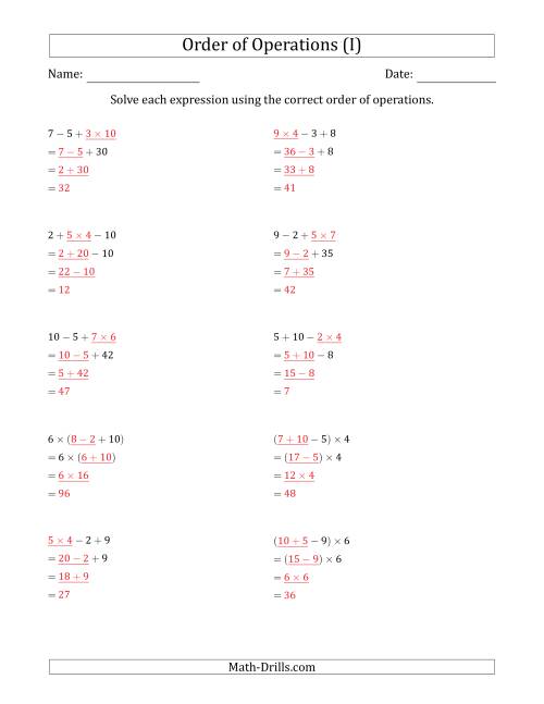 The Order of Operations with Whole Numbers Multiplication, Addition and Subtraction Only (Three Steps) (I) Math Worksheet Page 2