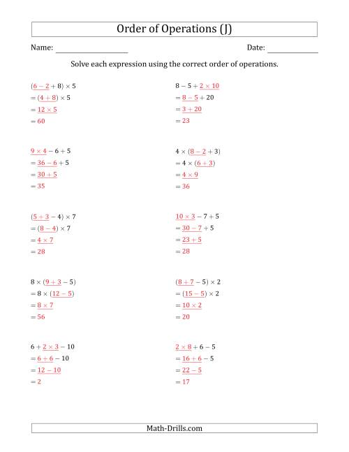 The Order of Operations with Whole Numbers Multiplication, Addition and Subtraction Only (Three Steps) (J) Math Worksheet Page 2
