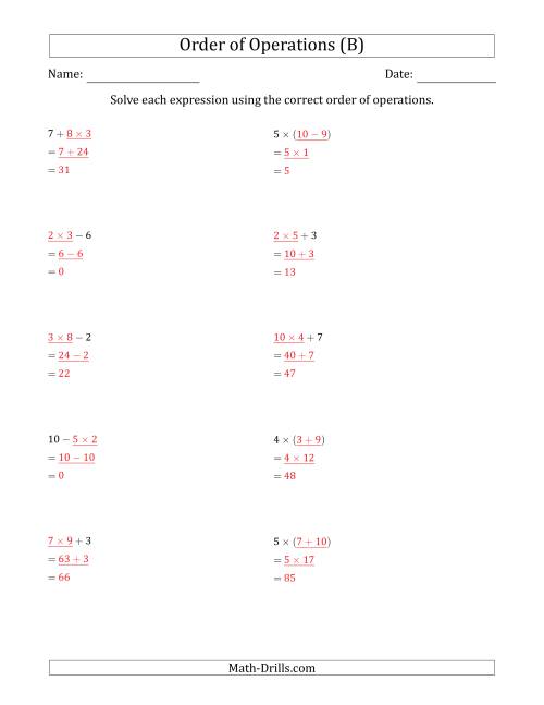 The Order of Operations with Whole Numbers Multiplication, Addition and Subtraction Only (Two Steps) (B) Math Worksheet Page 2